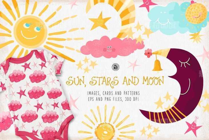 太阳星星和月亮手绘剪贴画素材 Sun Stars and Moon