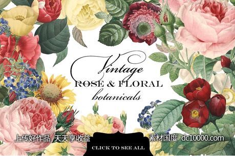 复古玫瑰花卉植物剪贴画 Vintage Rose  Floral Botanicals-源文件-素材国度dc10000.com