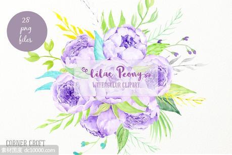 水彩紫丁香花束素材 Watercolor Lilac Peony Bouquet - 源文件