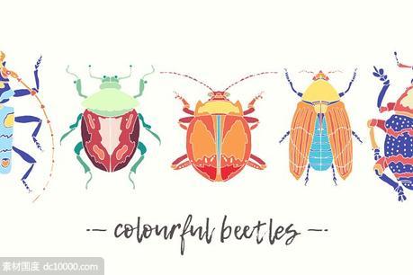 多彩多配色甲虫矢量水彩图案 Set of beautiful vector beetles - 源文件