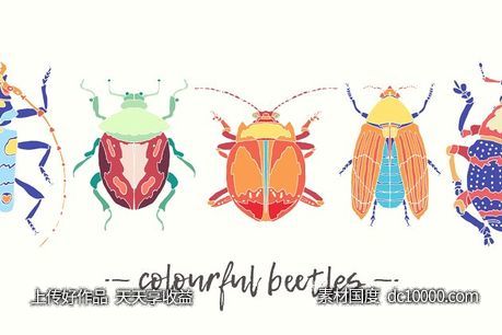 多彩多配色甲虫矢量水彩图案 Set of beautiful vector beetles - 源文件