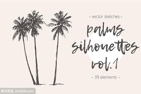 笔画简约的钢笔素描椰子树矢量图形 Silhouettes of palm trees - 源文件