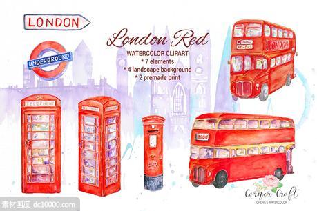 伦敦著名地标红色主题水彩插画 Watercolor London Red - 源文件