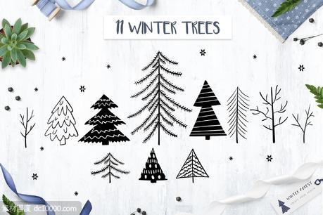 优雅的冬季新年圣诞节森林物语系列矢量手绘元素大集合 - 源文件