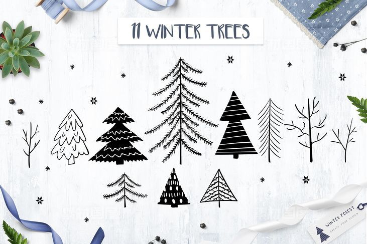 优雅的冬季新年圣诞节森林物语系列矢量手绘元素大集合