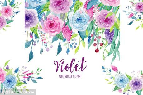 紫罗兰色水彩花卉剪贴画素材合集 Watercolor Clipart Violet Collection - 源文件