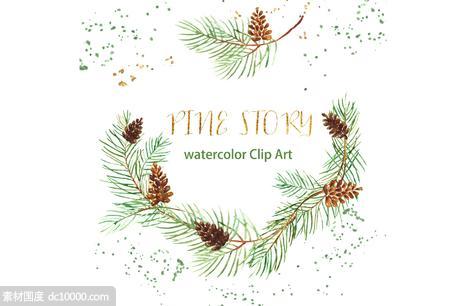 松枝水彩剪切画 Pine branches Watercolor Clip Art - 源文件