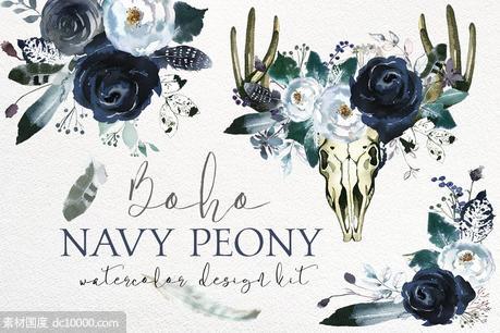 波希米亚式海军蓝牡丹花设计套件 Boho Navy Peony Floral Design Kit - 源文件