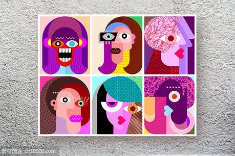 六款抽象女性人脸矢量插画素材 - 源文件