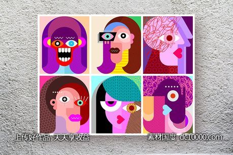 六款抽象女性人脸矢量插画素材-源文件-素材国度dc10000.com