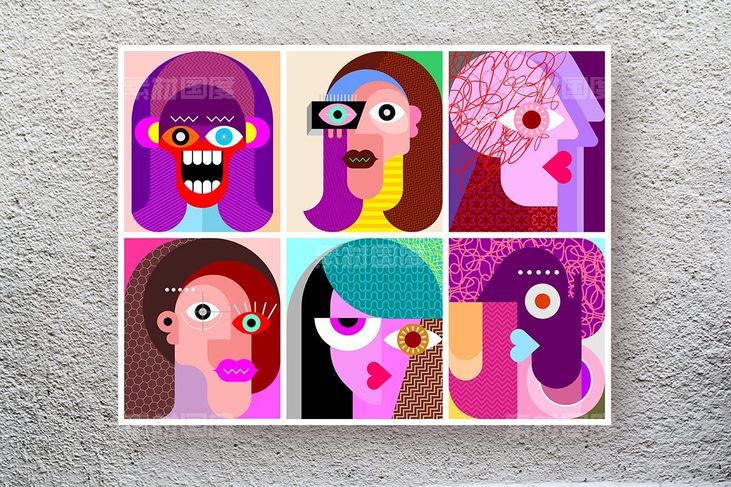 六款抽象女性人脸矢量插画素材
