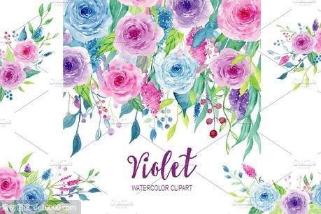紫色水彩花卉剪辑收藏 Watercolor Clipart Violet Collection - 源文件