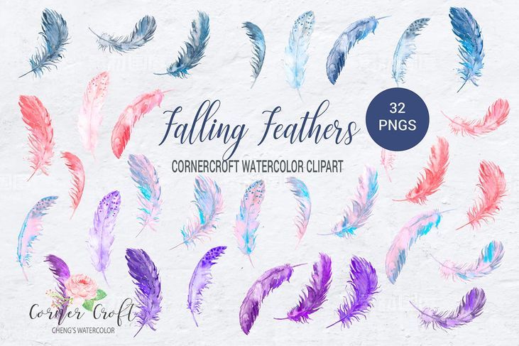 水彩羽毛元素剪贴画套装 Watercolor Falling Feathers Feather Clip Art