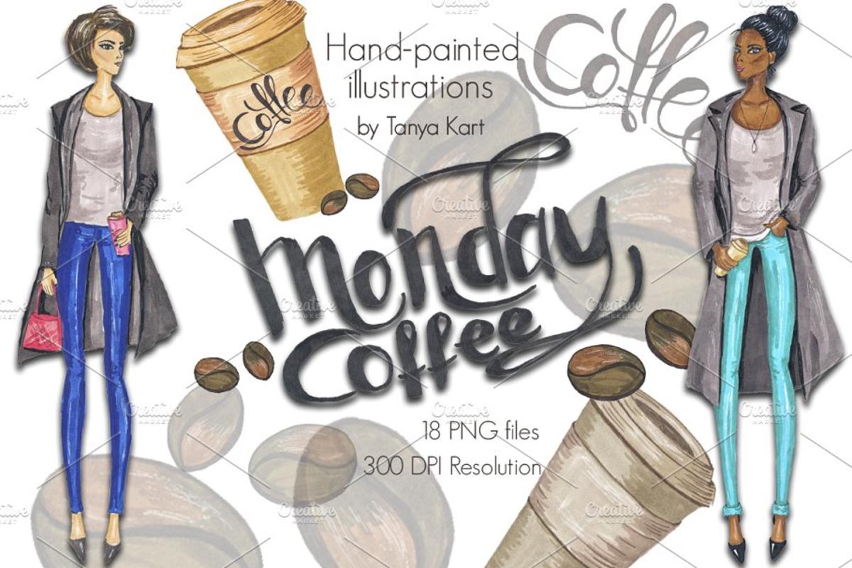 星期一咖啡元素手绘剪贴画 Monday Coffee Hand-painted Clipart