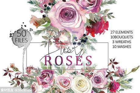 霜白玫瑰花水彩画设计素材 Frosty Roses Watercolor Flowers Set - 源文件