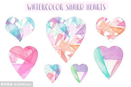 水彩手绘心形透明背景剪贴画 Watercolor Shard Hearts - 源文件