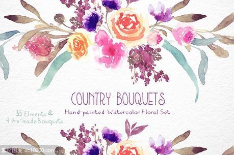 乡村水彩花束花卉剪贴画 Country Bouquets &amp;ndash; Watercolor Floral - 源文件