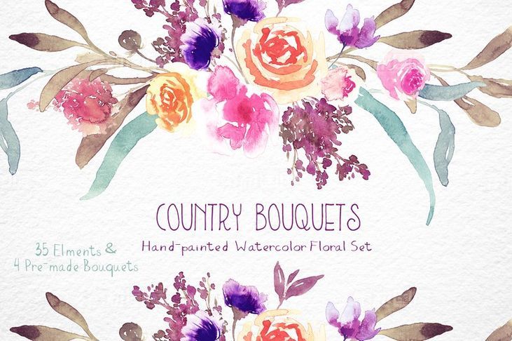 乡村水彩花束花卉剪贴画 Country Bouquets &amp;ndash; Watercolor Floral