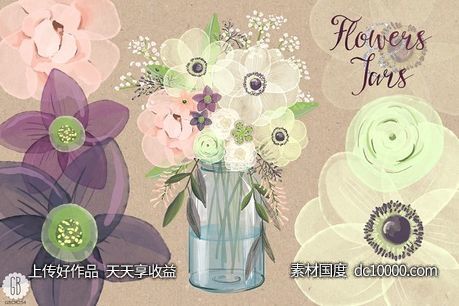 水彩银莲花（海葵）插花插画 Watercolor anemones baby breath jar-源文件-素材国度dc10000.com