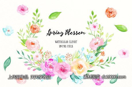 春天气息水彩花卉素材 Watercolor Spring Blossom-源文件-素材国度dc10000.com