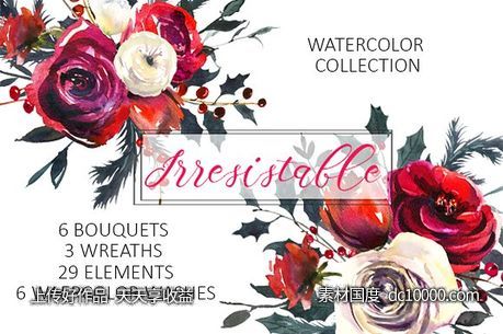 红色玫瑰花水彩剪贴画 Red Roses Watercolor Clipart Set-源文件-素材国度dc10000.com