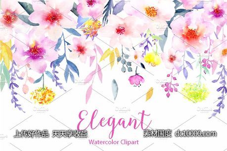 水彩花卉精品图案素材 Watercolor Flower Clipart Elegant-源文件-素材国度dc10000.com