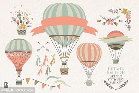 热气球与花卉剪贴画艺术 Hot air balloon flowers clip art - 源文件