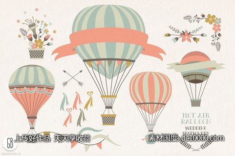 热气球与花卉剪贴画艺术 Hot air balloon flowers clip art-源文件-素材国度dc10000.com