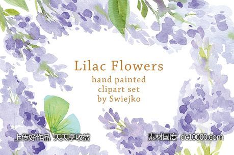 丁香花与蝴蝶水彩剪贴画 Watercolor Lilac Flowers Butterfly-源文件-素材国度dc10000.com