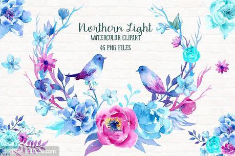 北极光色彩花卉水彩剪贴画 Watercolor Clipart Northern Light - 源文件