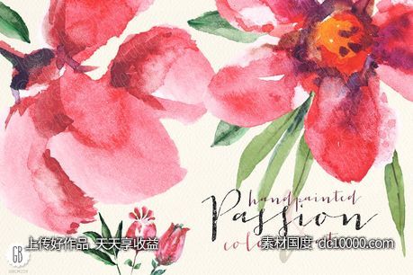 半透明红色花卉水彩剪贴画 Aquarelle watercolor red flowers - 源文件