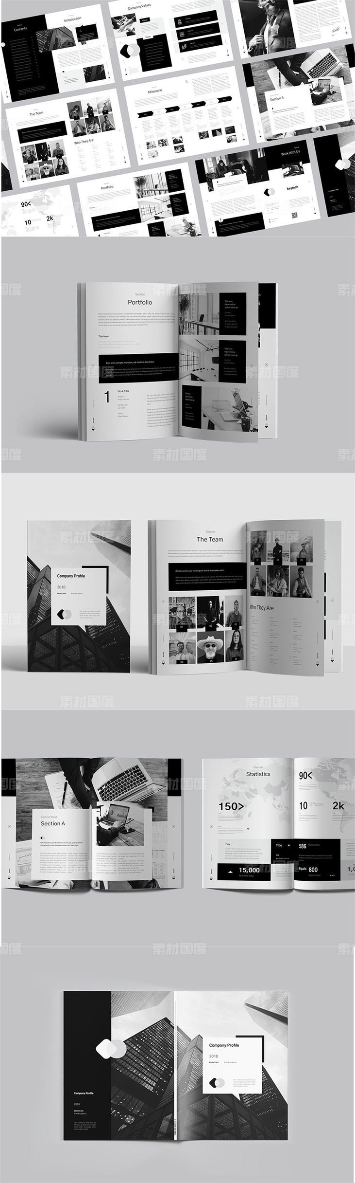 黑白配色的高端时尚的企业简介画册楼书品牌手册杂志设计模板