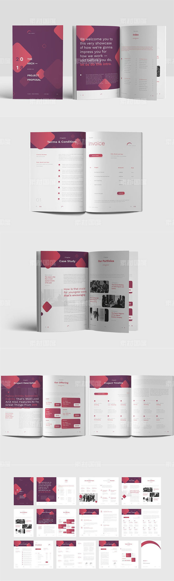 时尚简约高端的紫红色配色品牌手册画册楼书杂志设计模板（indd）