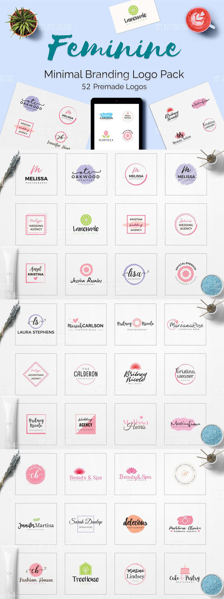 女性简约品牌Logo标志设计素材包 Feminine Minimal Branding Logo Pack