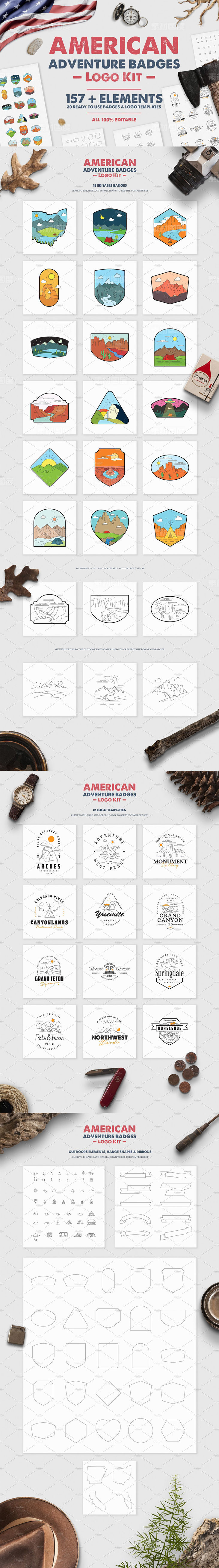 美国探险徽章Logo标志设计套装 American Adventure Badges Logo Kit