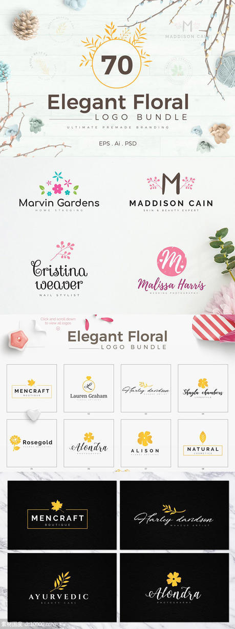 70款优雅花卉装饰标志设计模板素材 70 Elegant Floral Logo Pack - 源文件