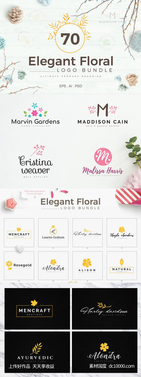 70款优雅花卉装饰标志设计模板素材 70 Elegant Floral Logo Pack - 源文件