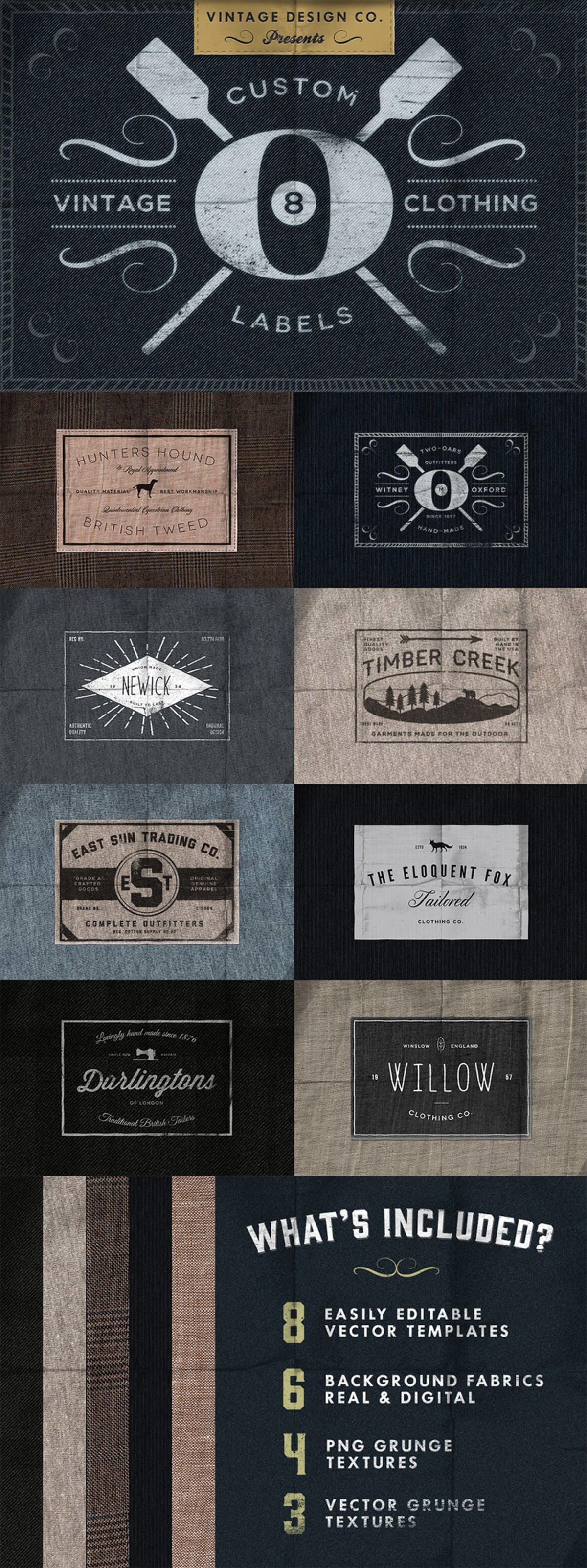 可编辑复古服装标签Logo模板 Custom Vintage Clothing Labels