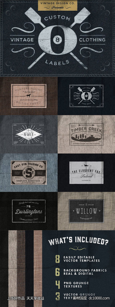 可编辑复古服装标签Logo模板 Custom Vintage Clothing Labels-源文件-素材国度dc10000.com