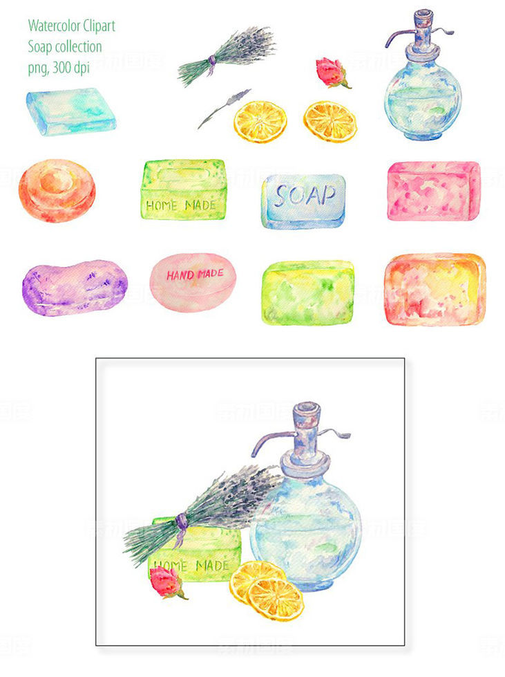 美容护肤品牌水彩手绘插画设计素材 Watercolor Clipart Soap Collection