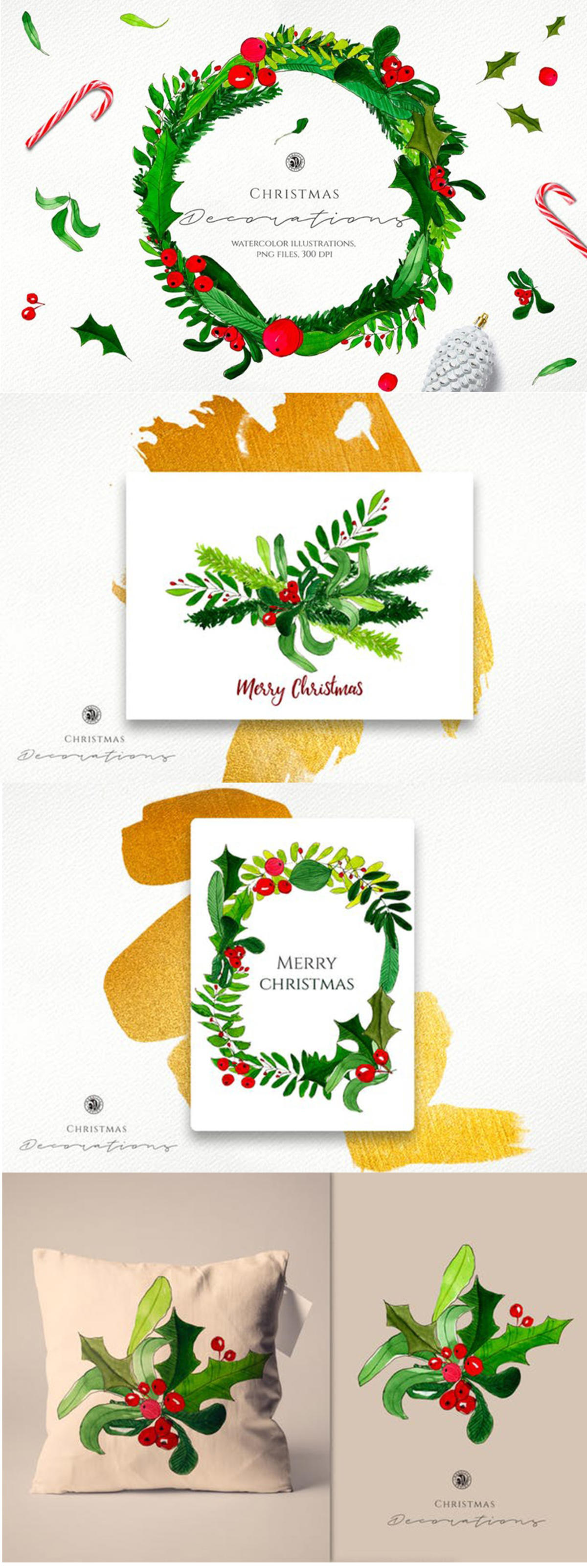 圣诞装饰绿色花环水彩插图素材 Watercolor Christmas Decorations