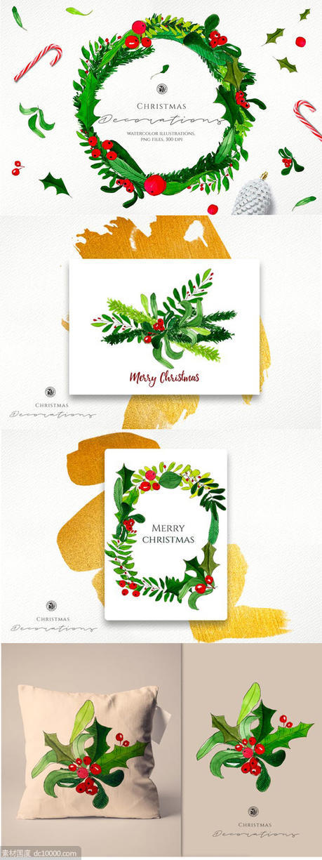 圣诞装饰绿色花环水彩插图素材 Watercolor Christmas Decorations - 源文件