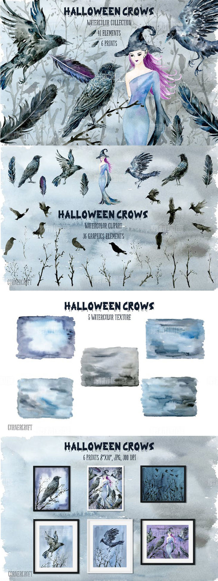万圣节主题乌鸦巫婆水彩插图合集 Halloween Crows and Witch Watercolor