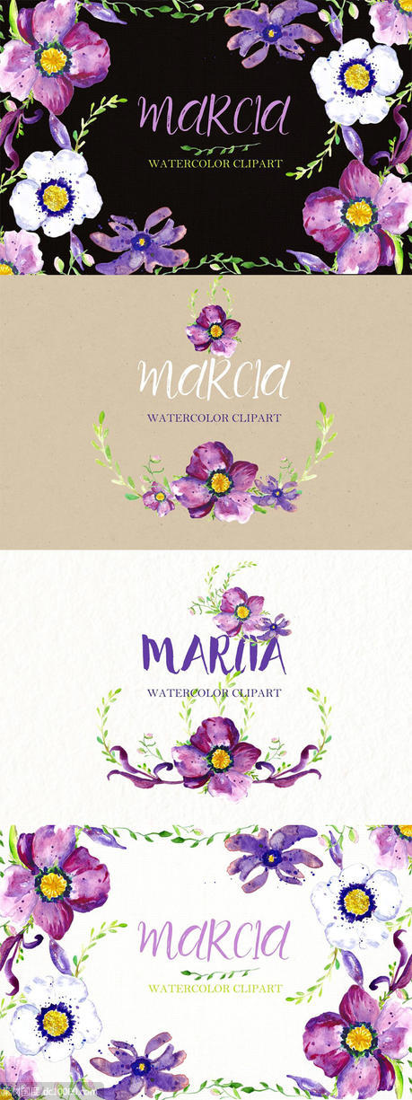 紫色手绘水彩海葵花卉剪贴画 Watercolor clipart Anemone flowers - 源文件