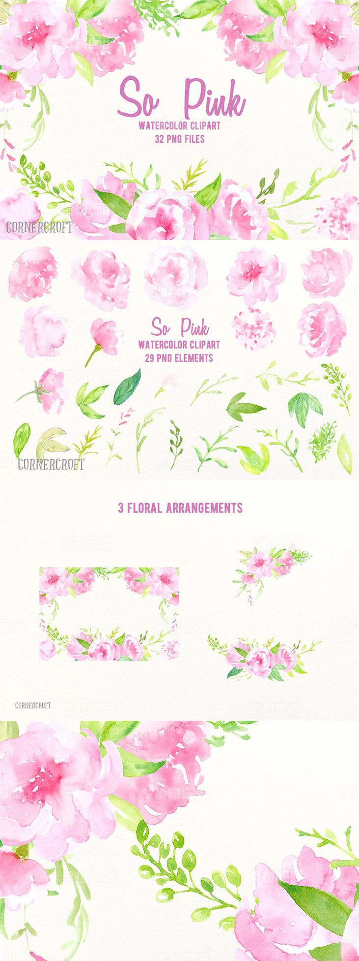 粉色水彩牡丹花卉元素剪贴画 Watercolor Clipart So Pink Flowers