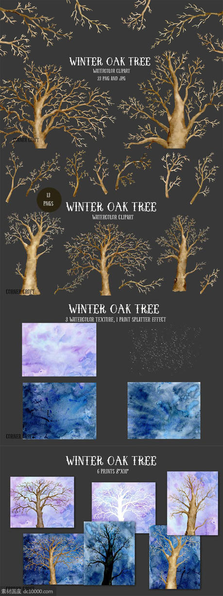 冬季橡树水彩剪贴画合集 Watercolor Clip Art Winter Oak Tree - 源文件