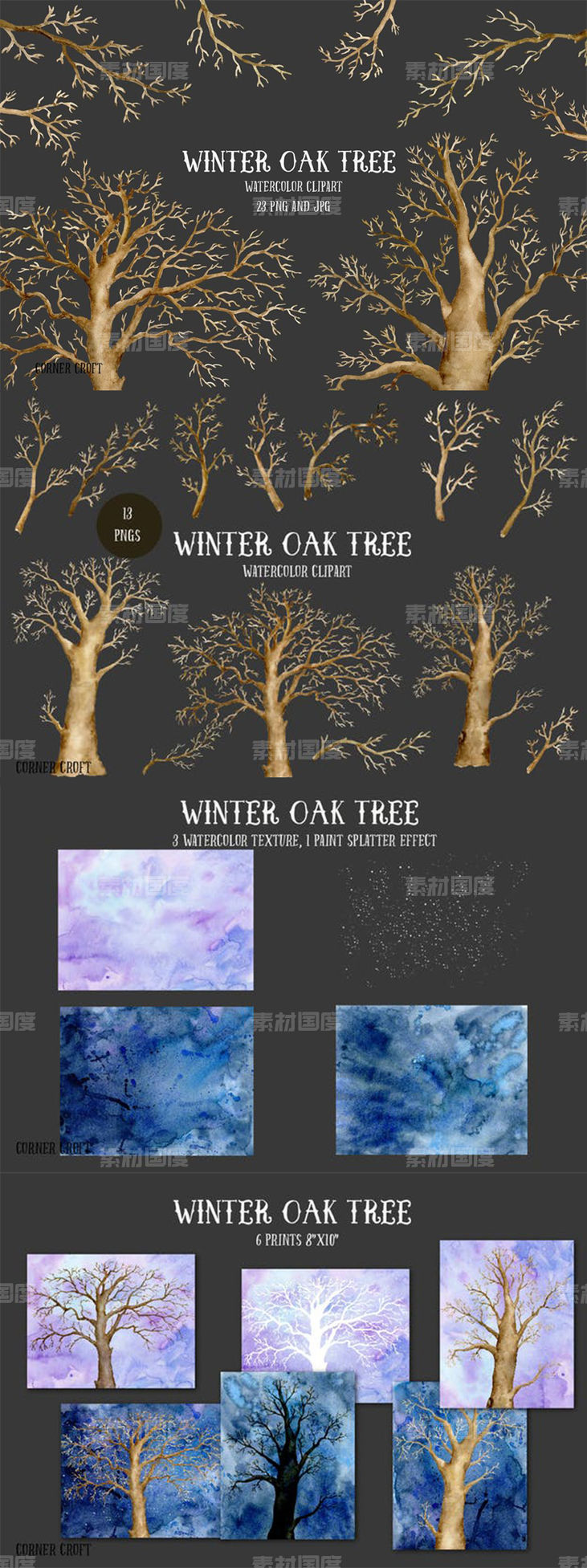 冬季橡树水彩剪贴画合集 Watercolor Clip Art Winter Oak Tree