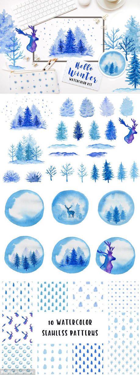 冬季水彩元素设计套装 Winter Watercolor Design Kit - 源文件