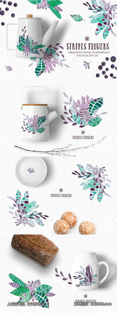 条纹手绘花卉水彩插画 Stripes Flowers-源文件-素材国度dc10000.com