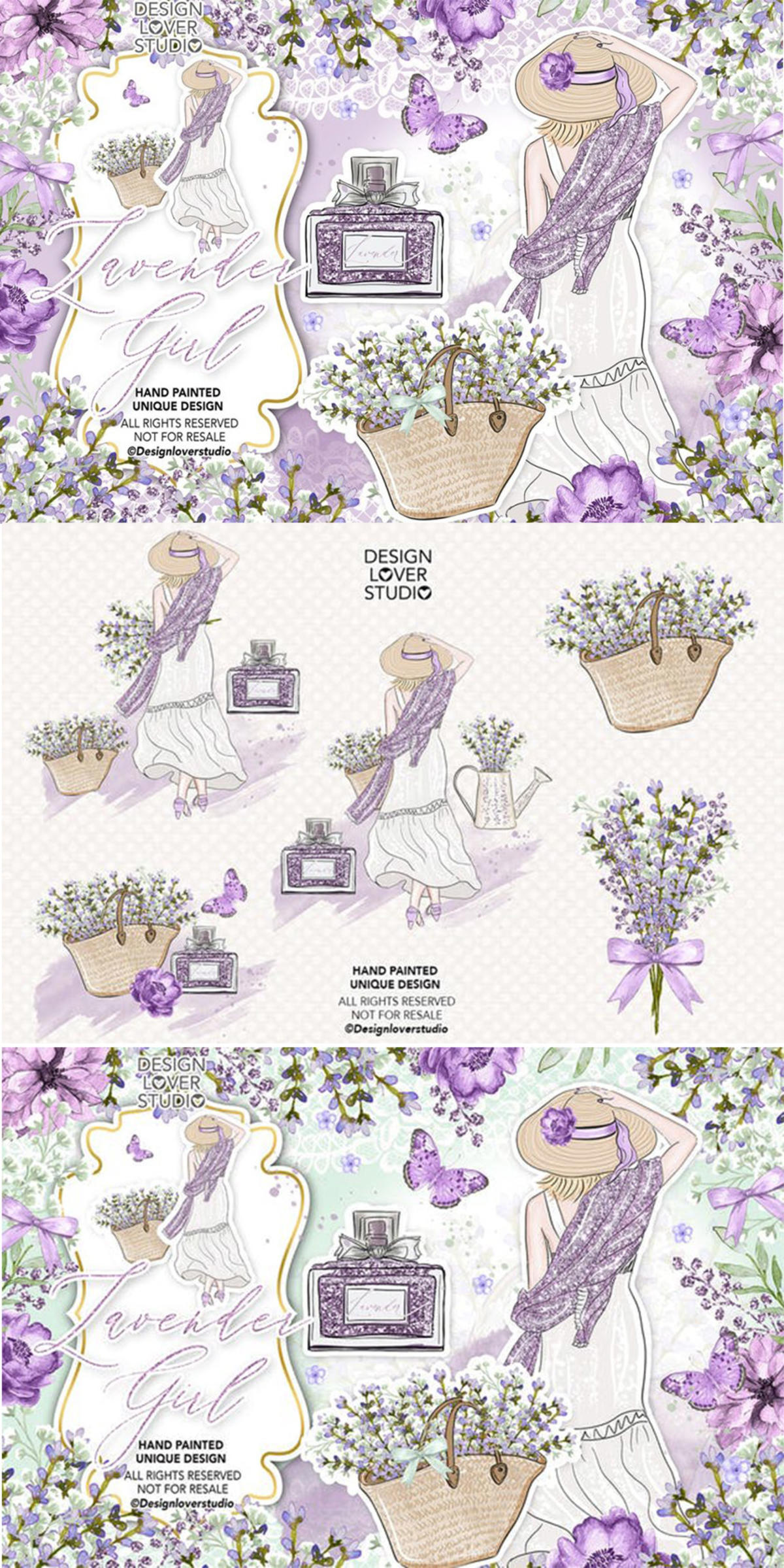 紫色薰衣草女孩水彩剪贴画设计素材 Lavender Girl design